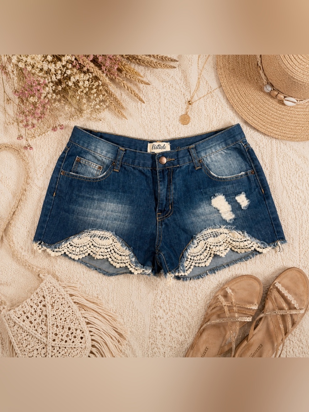 Listicle Blue Denim Shorts with Cream Crochet Hem